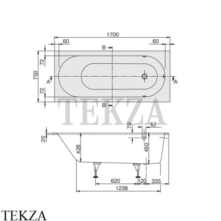 Villeroy & Boch Oberon Ванна прямоугольная встраиваемая 170х75 UBQ170OBE2V-01, Quaryl, белый глянец