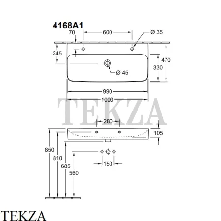 Villeroy & Boch FINION Раковина подвесная, без перелива 4168A1R1, белый глянец, ceramicplus