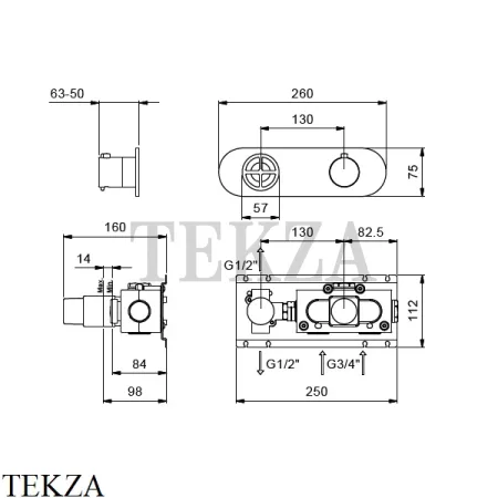 Fantini FONTANE BIANCHE Термостат для душа на 2 потока, внешняя часть 47P5P372B, Matt Gun Metal