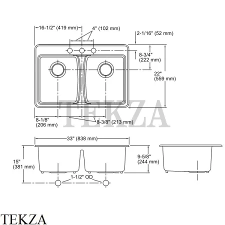 Kohler Deerfield Мойка для кухни встраиваемая сверху с двумя чашами, 3 отверстия, чугун K-5873-3-0, белый глянец