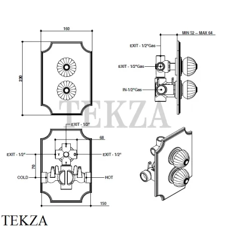 Bongio RADIANT Термостат для душа на 3 потока, внешняя часть 02549CR03, хром глянец