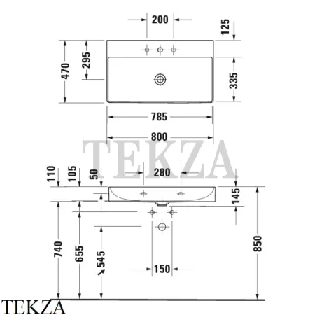 Duravit DuraSquare Раковина подвесная или на тумбу, без перелива 2353800041, белый глянец