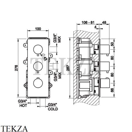 Gessi 316 WELLNESS Термостат 2 выхода на планке, внешняя часть 54514-239, Steel Brushed