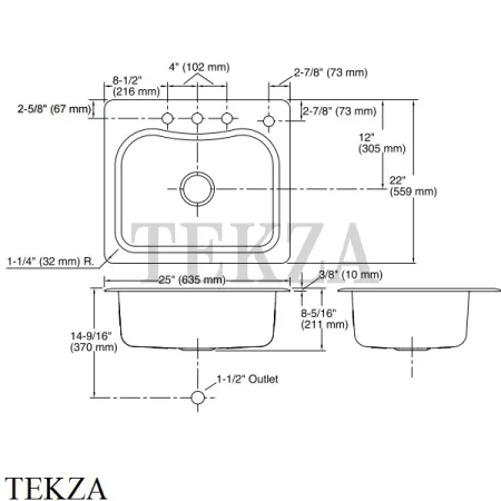 Kohler Staccato Мойка для кухни с 4 отв. под смеситель K-3362-4-NA, нержавеющая сталь