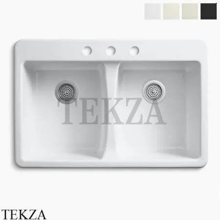 Kohler Deerfield Мойка для кухни встраиваемая сверху с двумя чашами, 3 отверстия, чугун K-5873-3-0, белый глянец