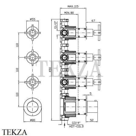 Zucchetti Helm Термостат для душа на 3 потока, внешняя часть ZHM803.XP81, brushed total black PVD