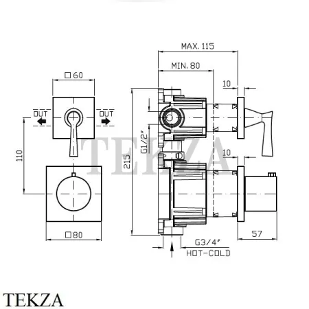 Zucchetti Bellagio Термостат для душа, 2-3 выхода, внешняя часть ZB2806, хром глянец