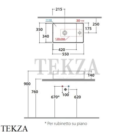 GLOBO T-EDGE Раковина накладная с площадкой под смеситель TE055BI, белый глянец