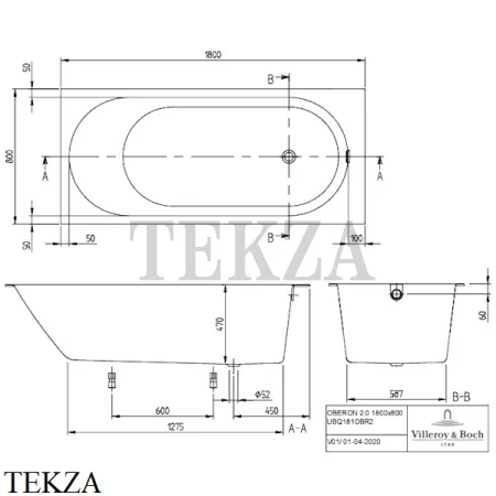 Villeroy & Boch Oberon 2.0 Ванна встраиваемая 180x80 слив перелив UBQ181OBR2DV-01, Quaryl, белый глянец